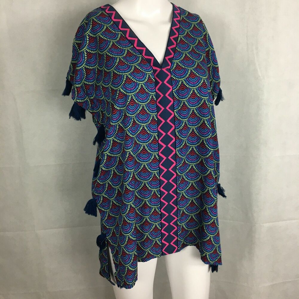 Escapada Shirt Womens Sz S Blue Green Pink Mandala Tasseled Short Sleeve Tunic‎